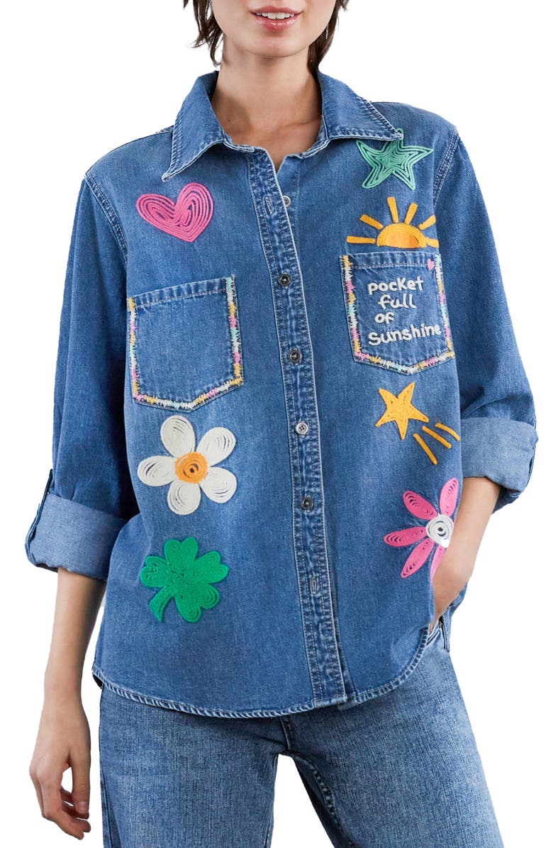 Billy T Pocketful of Sunshine Embroidered Denim Graphic Button-Up Shirt, Main, color, Vintage Denim