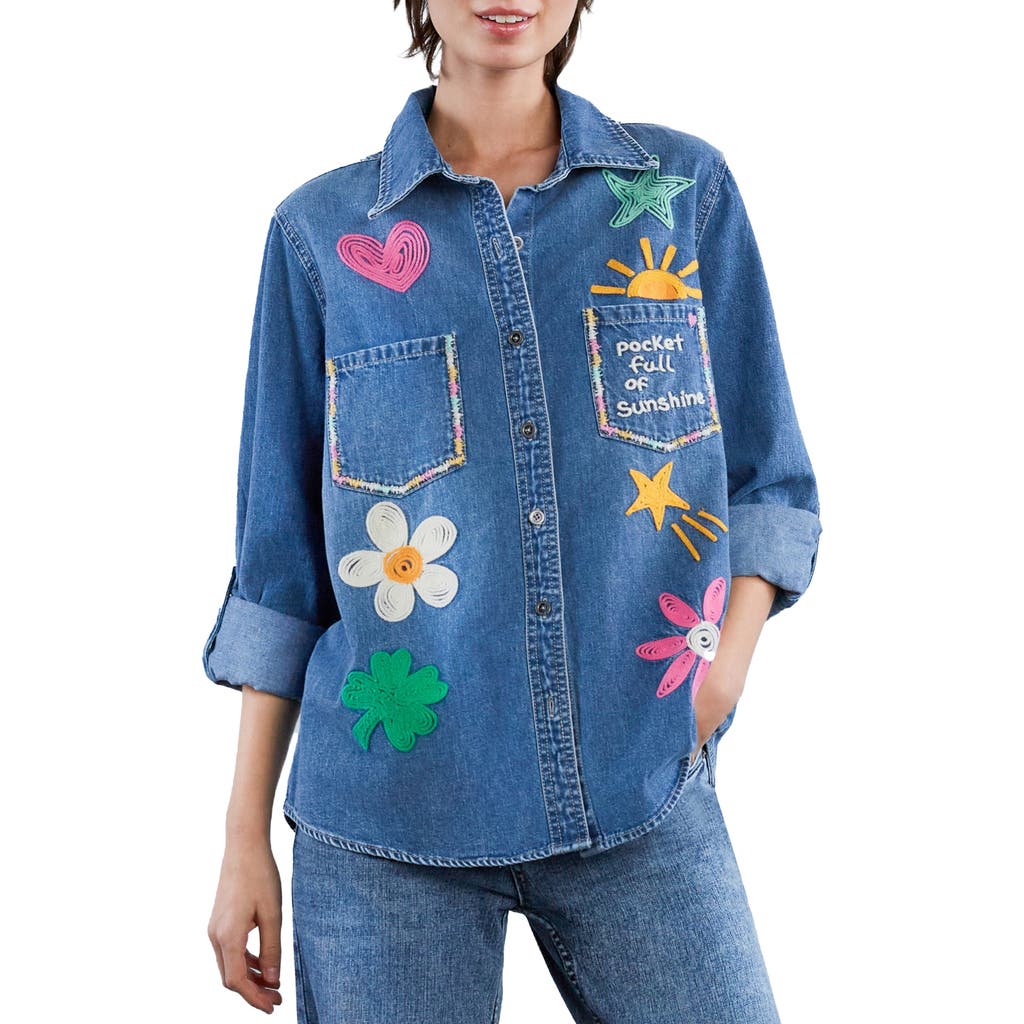 Billy T Pocketful of Sunshine Embroidered Denim Graphic Button-Up Shirt in Vintage Denim