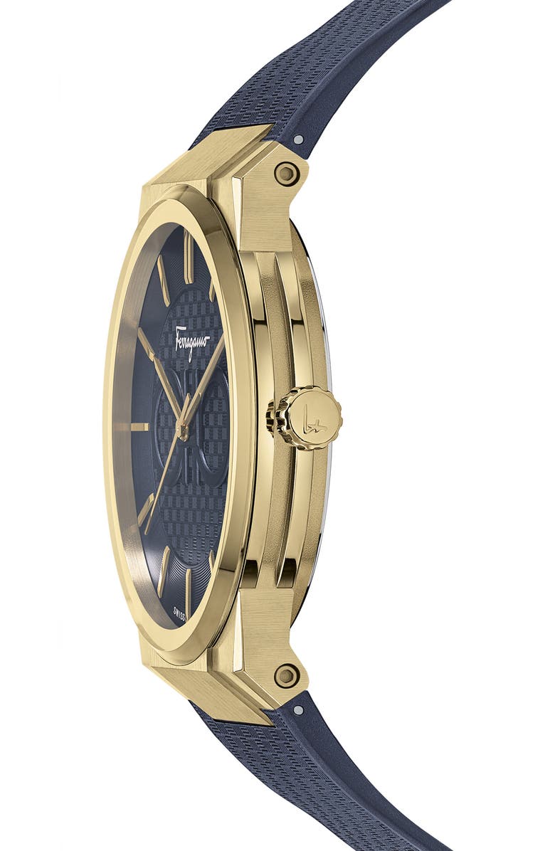 FERRAGAMO Sapphire Rubber Strap Watch, 41mm, Alternate, color, Blue/ Gold