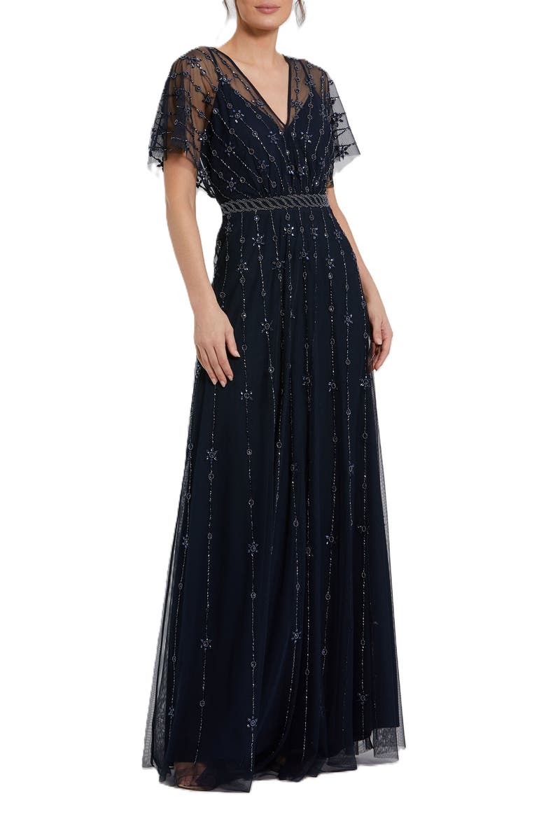 V Neck Embellished Flutter Sleeve A Line Gown, Main, color, Midnight