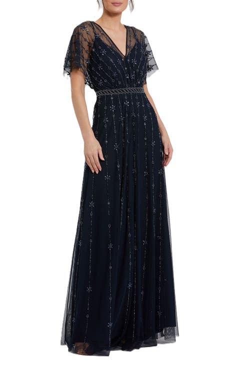 V Neck Embellished Flutter Sleeve A Line Gown