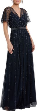 Mac Duggal V Neck Embellished Flutter Sleeve A Line Gown