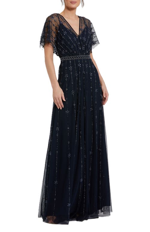 Mac Duggal V Neck Embellished Flutter Sleeve A Line Gown in Midnight at Nordstrom, Size 16