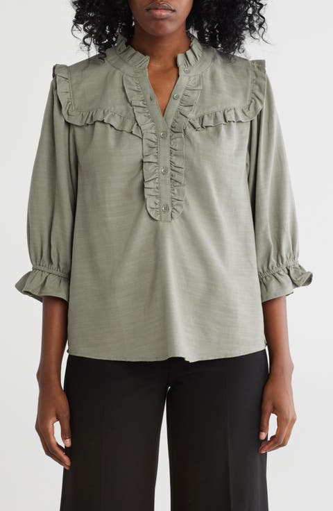 Ruffle Yoke Three-Quarter Sleeve Shirt