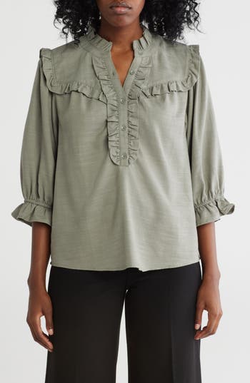 Democracy Ruffle Yoke Three-quarter Sleeve Shirt In Deep Seagrass