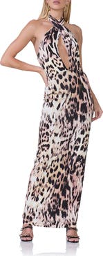 AFRM Genie Leopard Print Halter Neck Jersey Knit Dress