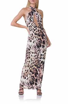 AFRM Genie Leopard Print Halter Neck Jersey Knit Dress
