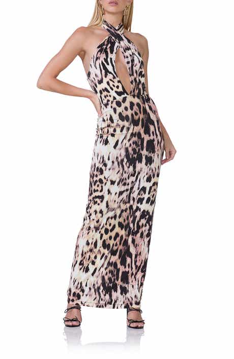 AFRM Genie Leopard Print Halter Neck Jersey Knit Dress