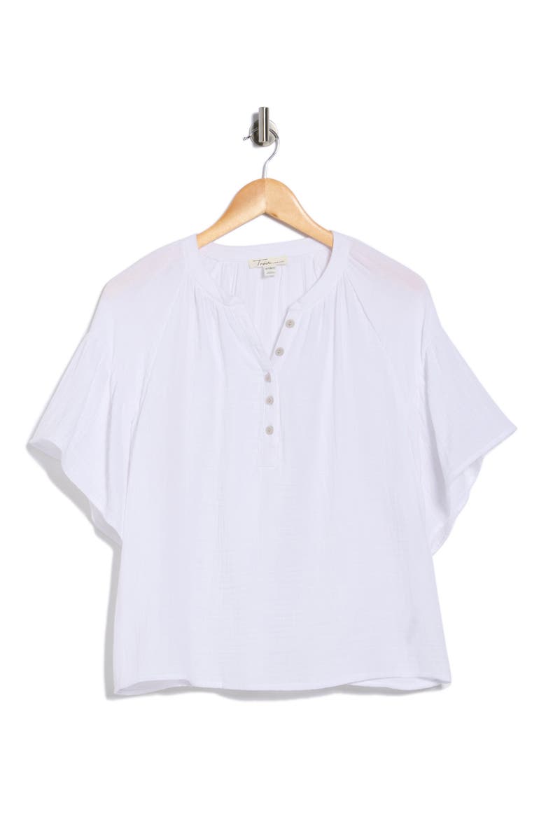 Flutter Sleeve Cotton Gauze Henley, Alternate, color, WHITE