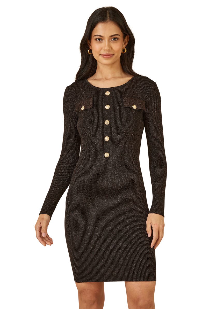 Yumi Metallic Fitted Military Knit Dress, Alternate, color, Black