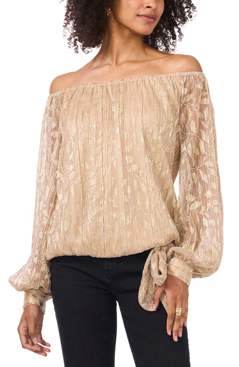 Vince Camuto Metallic Foil Leaf Print Off the Shoulder Top, Main, color, 