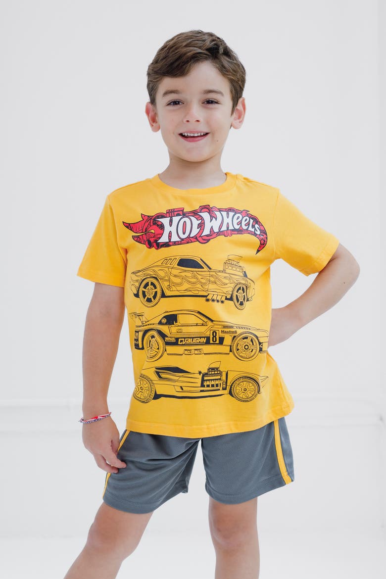 T-Shirt and Mesh Shorts Set, Alternate, color, Hot Wheels Yellow