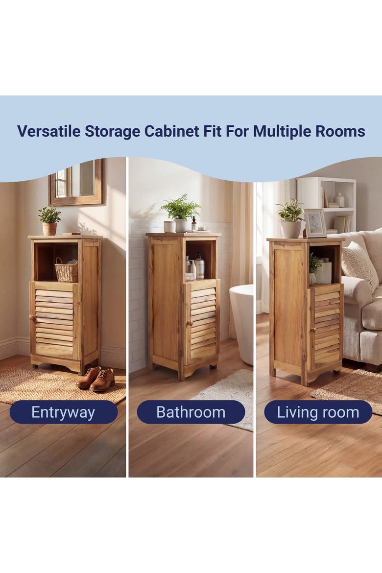 Serene Handcrafted Acacia Wood Bathroom Freestanding Floor Storage Cabinet with Louvered Door and Open Shelf, Alternate, color, Natural