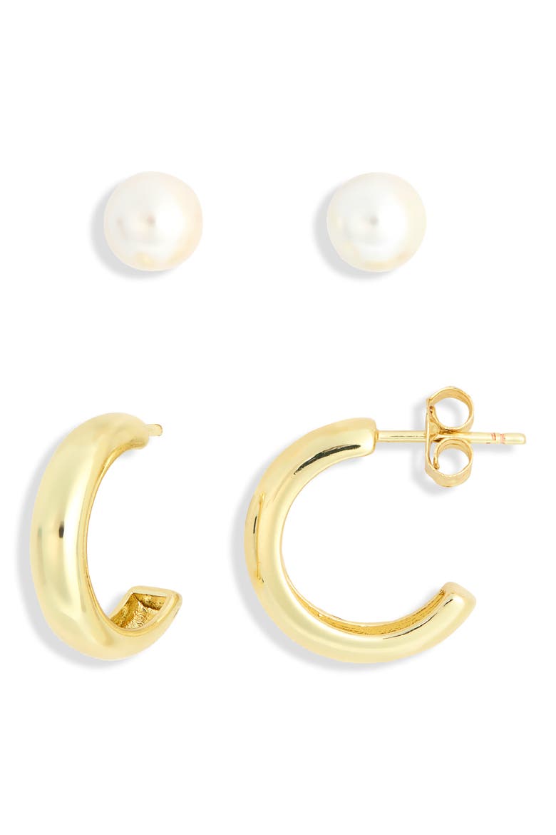 Set of 2 Faux Pearl & Hoop Earrings, Main, color, GOLD