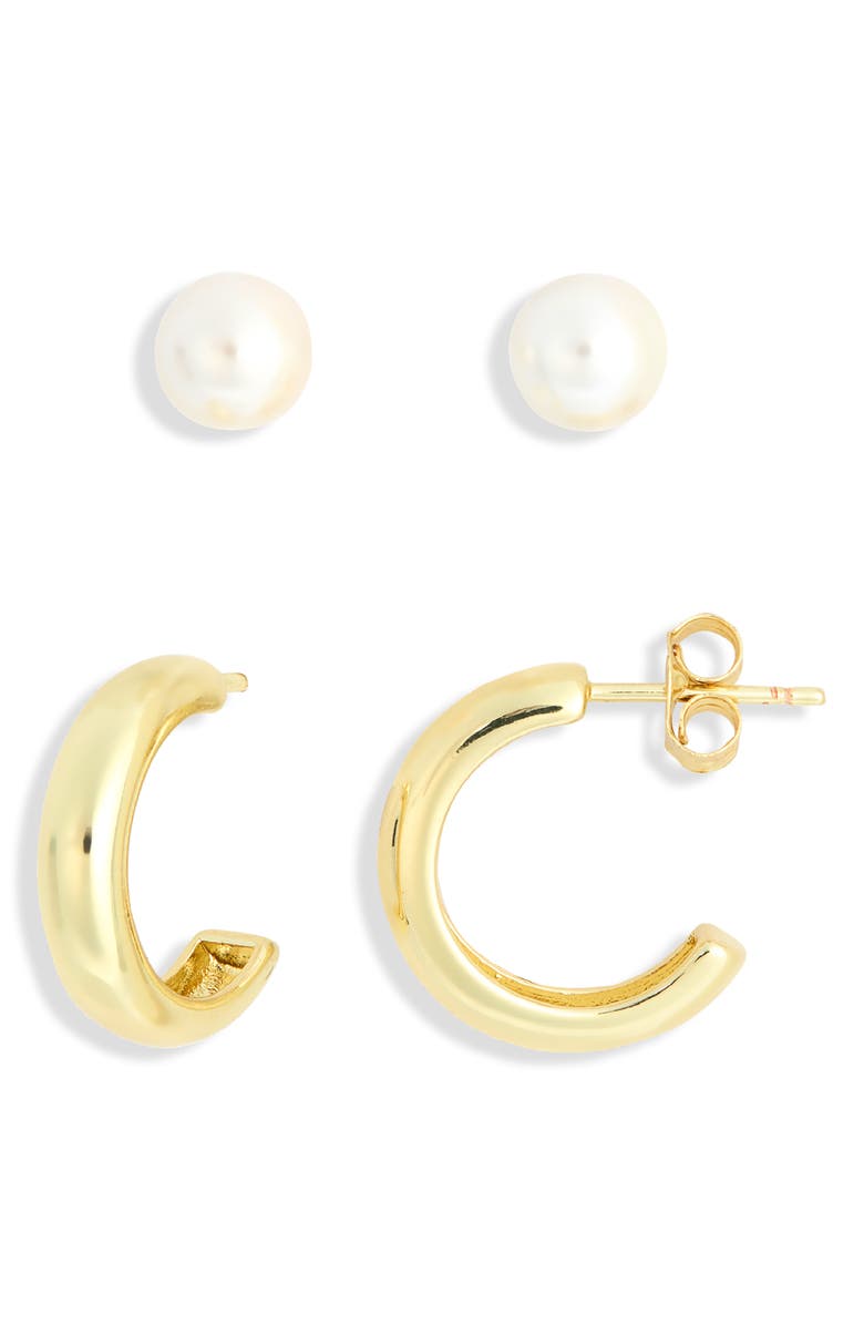 ARGENTO VIVO Set of 2 Faux Pearl & Hoop Earrings, Main, color, Gold
