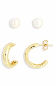 Set of 2 Faux Pearl & Hoop Earrings