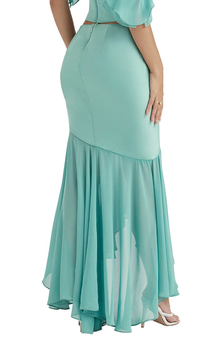 Lila Asymmetric Ruffle Stretch Satin & Georgette Skirt, Alternate, color, JADE