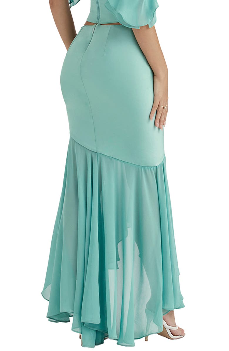 HOUSE OF CB Lila Asymmetric Ruffle Stretch Satin & Georgette Skirt, Alternate, color, Jade