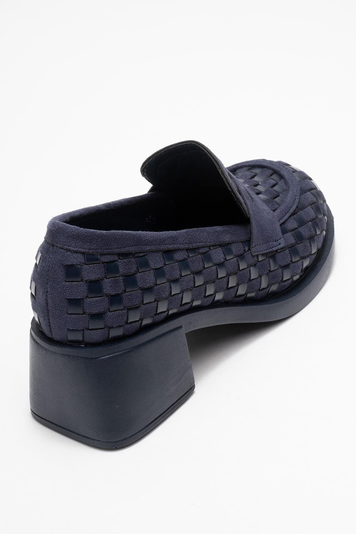 Prologue Shoes Marlon Woven Block Heel Loafer, Alternate, color, Navy Faux Leather