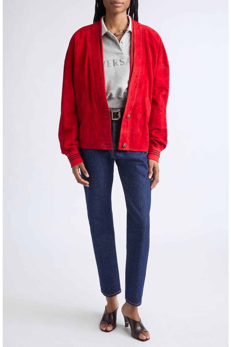 Lambskin Suede V-Neck Blouson Jacket, Alternate, color, RED MATISSE