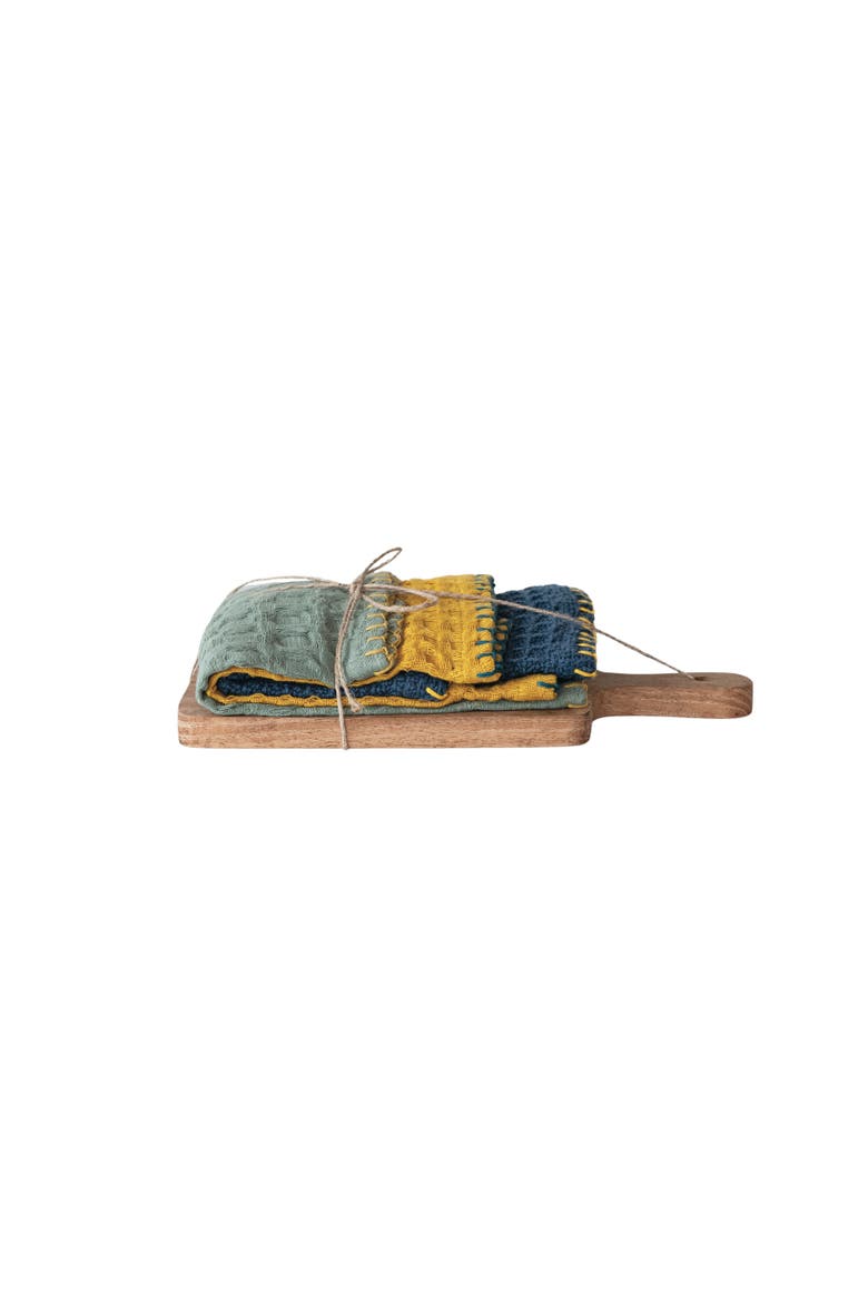 Cotton Dishcloth on a Mango Wood Board, Multicolor, Set of 3, Main, color, Brown