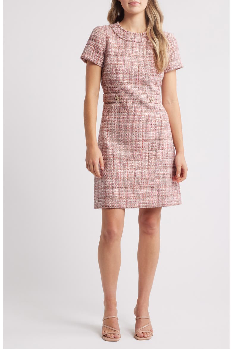 Short Sleeve Tweed Dress, Main, color, PINK MULTI