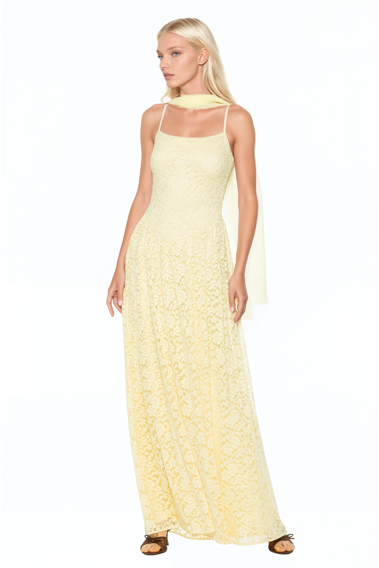 Marin Draped Bodice Dropped Waist Gown, Main, color, Butter Yellow