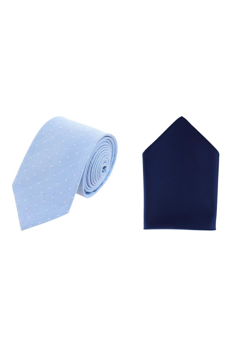 Churchill Chambray Polka Dot Necktie & Gatsby Silk Pocket Square Bundle, Main, color, Blue & Navy