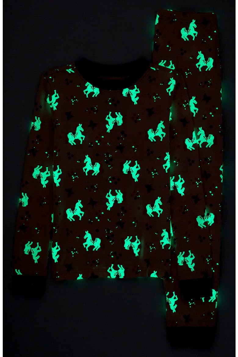 Kids' Glow in the Dark Fitted Two-Piece Cotton Pajamas, Alternate, color, PINK ENGLISH UNICORNS GLOW