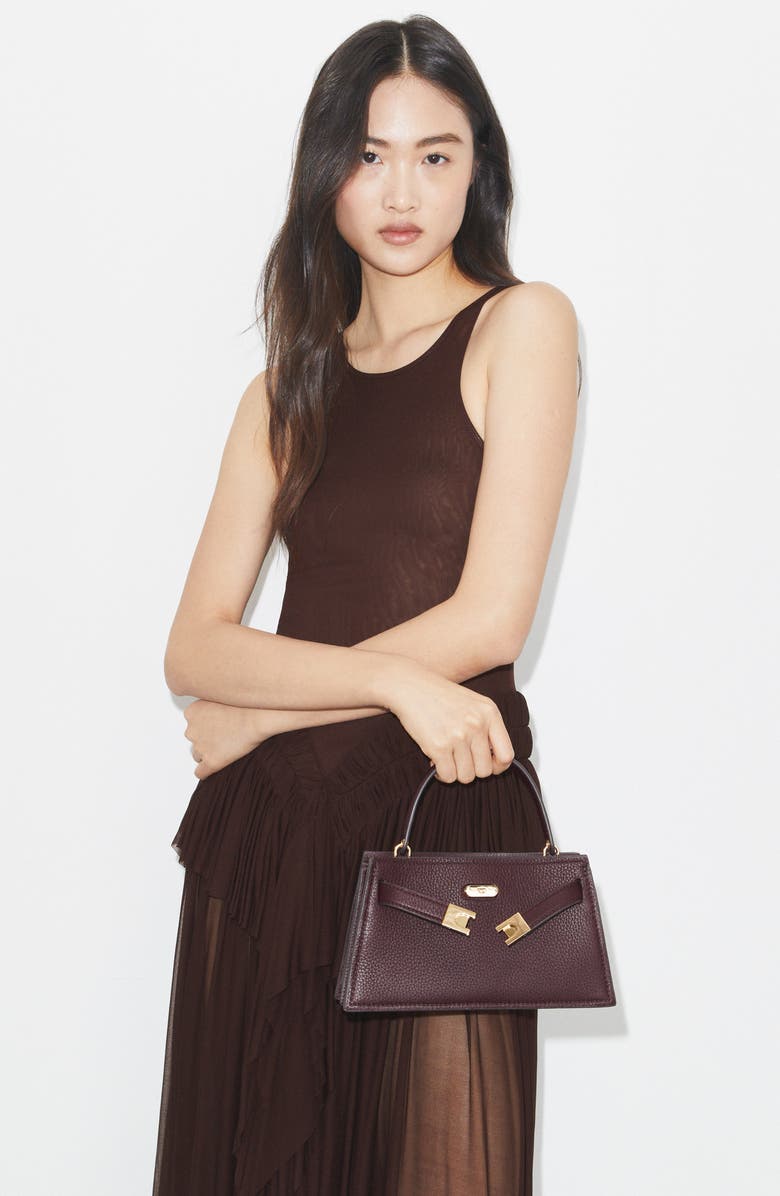Tory Burch Mini Lee Radziwill Pebble Leather Satchel, Alternate, color, Dark Carmine