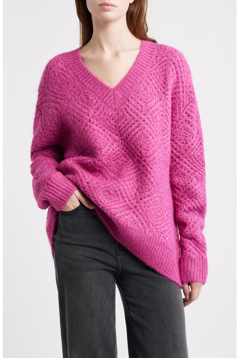 Diamond Stitch V-Neck Sweater, Main, color, PINK FUCHSIA
