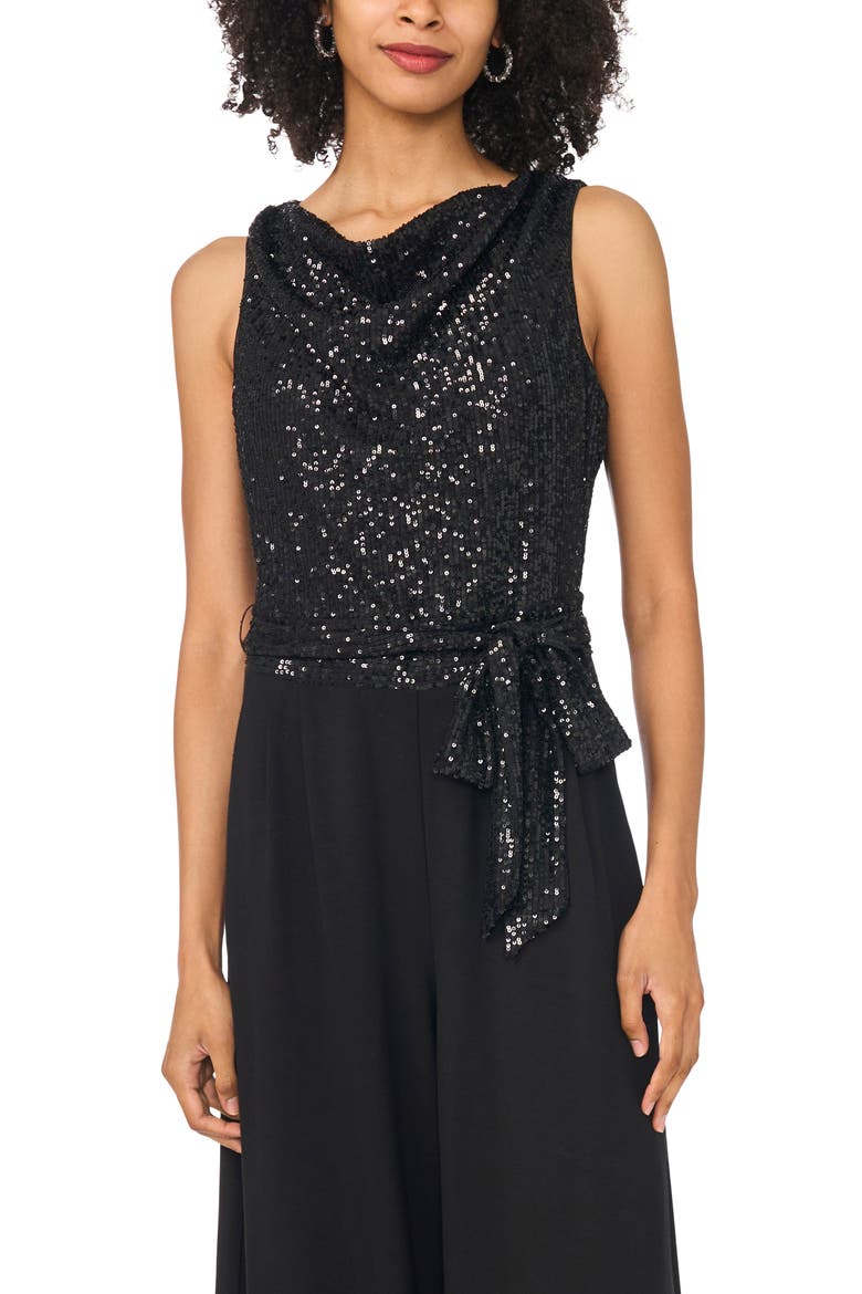 Sequin Cowl Neck Wide Leg Jumpsuit, Alternate, color, RICH BLACK