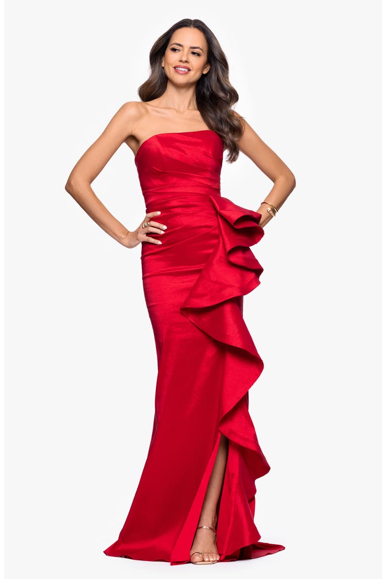 Strapless Cascade Ruffle Gown, Alternate, color, RED