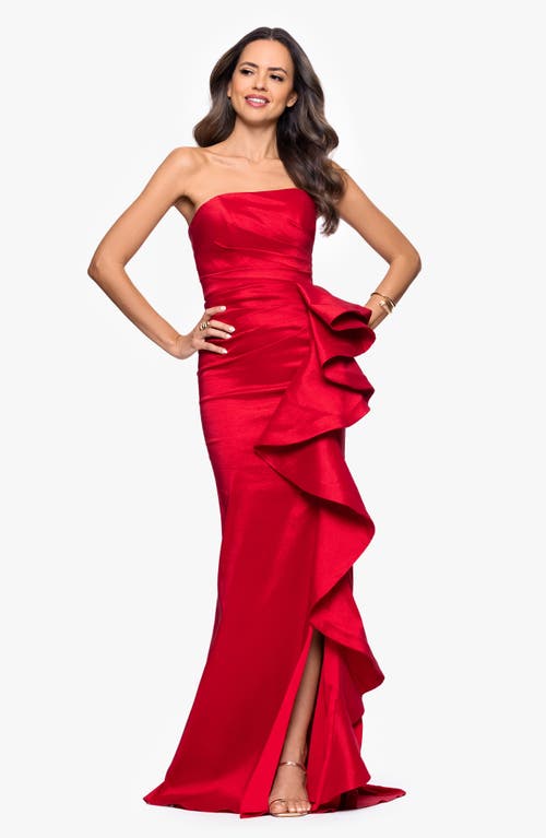 Betsy & Adam Strapless Cascade Ruffle Gown In Red
