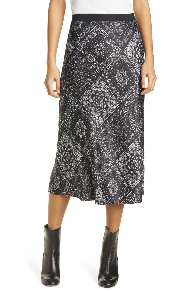 Berlin Satin Midi Skirt, Main, color, MIDNIGHT BANDANA