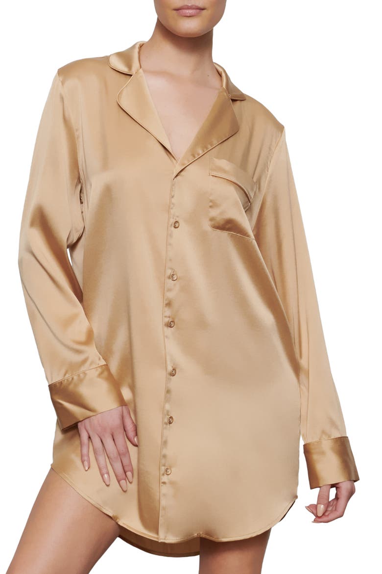 Stretch Silk Button-Up Night Dress, Main, color, HONEY