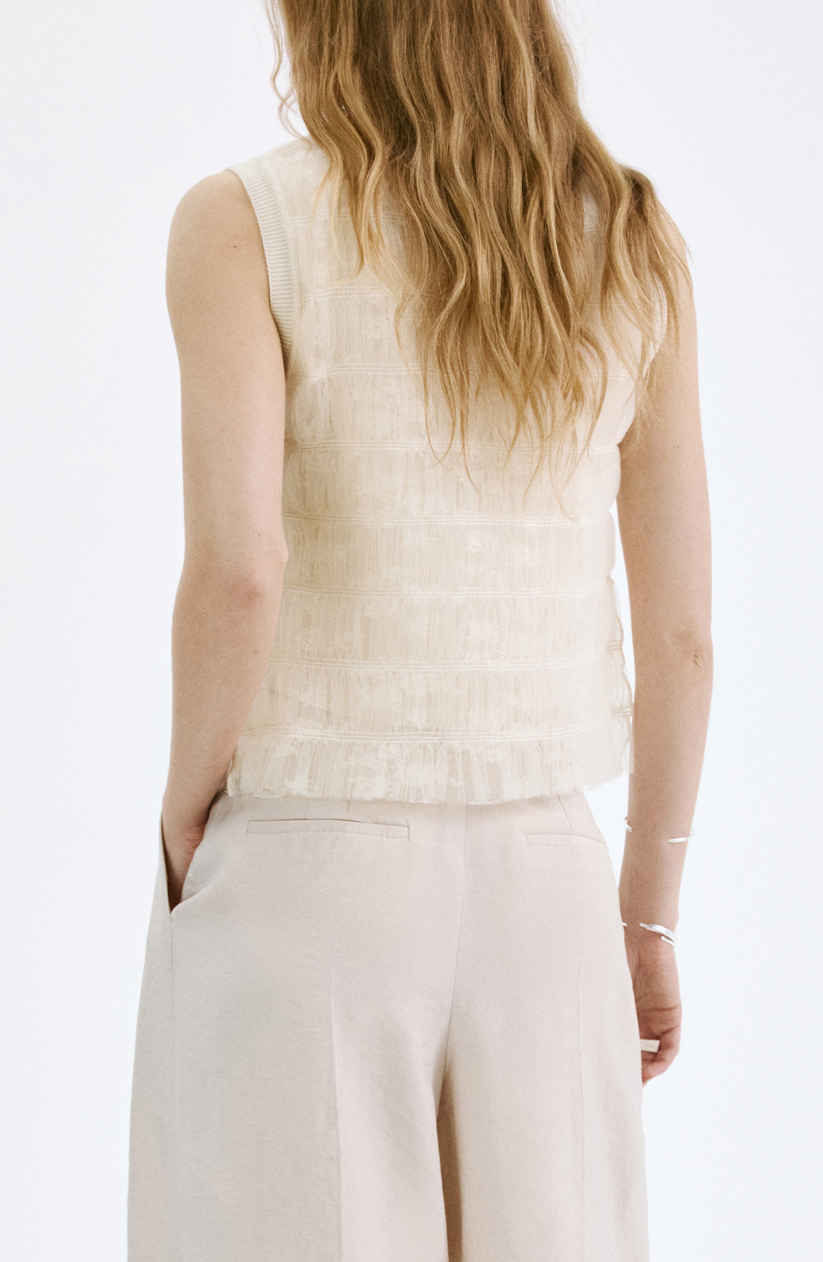 Ruched Sleeveless Mesh Overlay Knit Sweater - image 2