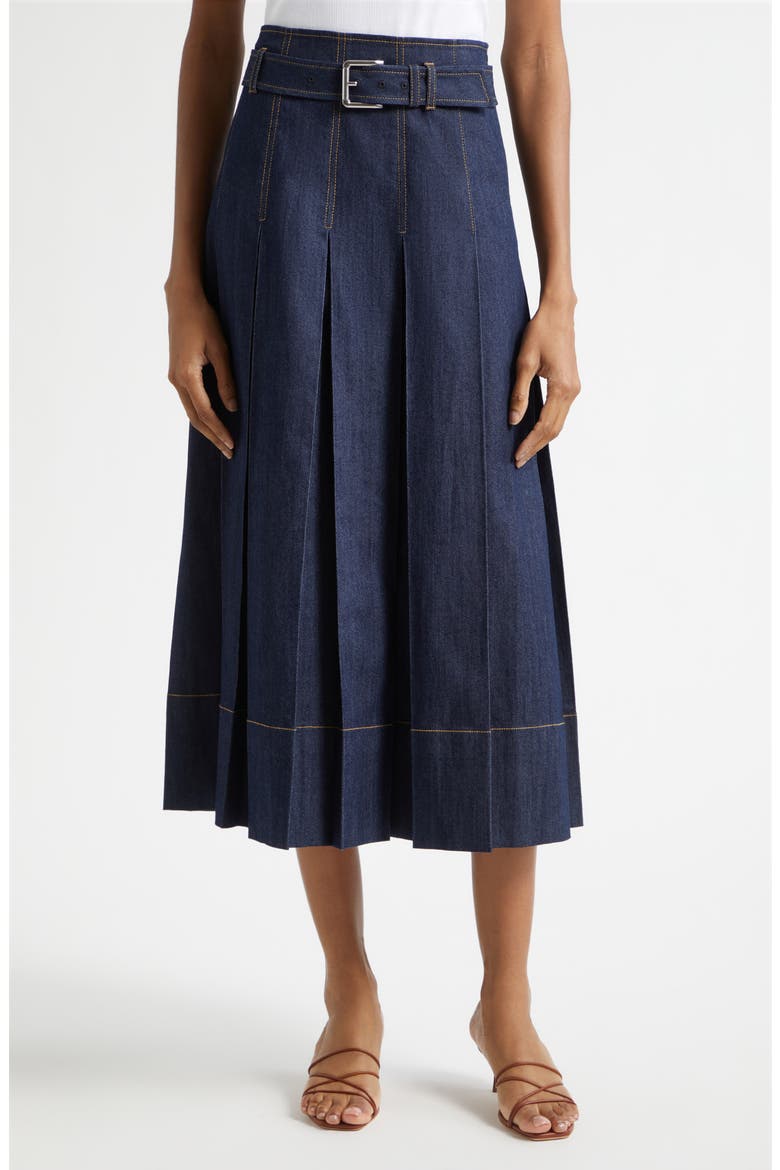 Rylee Pleated Denim Midi Skirt, Main, color, INDIGO
