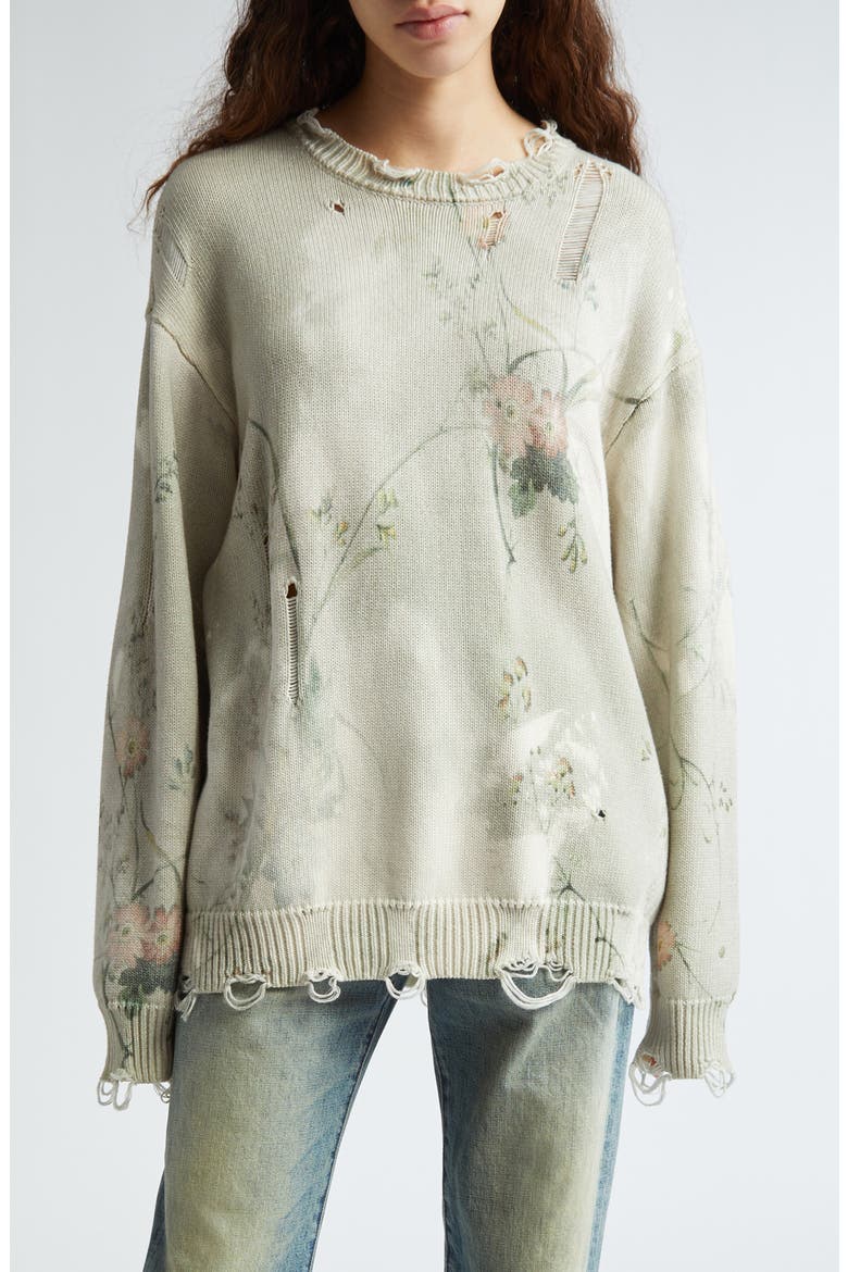Floral Distressed Cotton Sweater, Main, color, CREAM BLEACHED FLORAL
