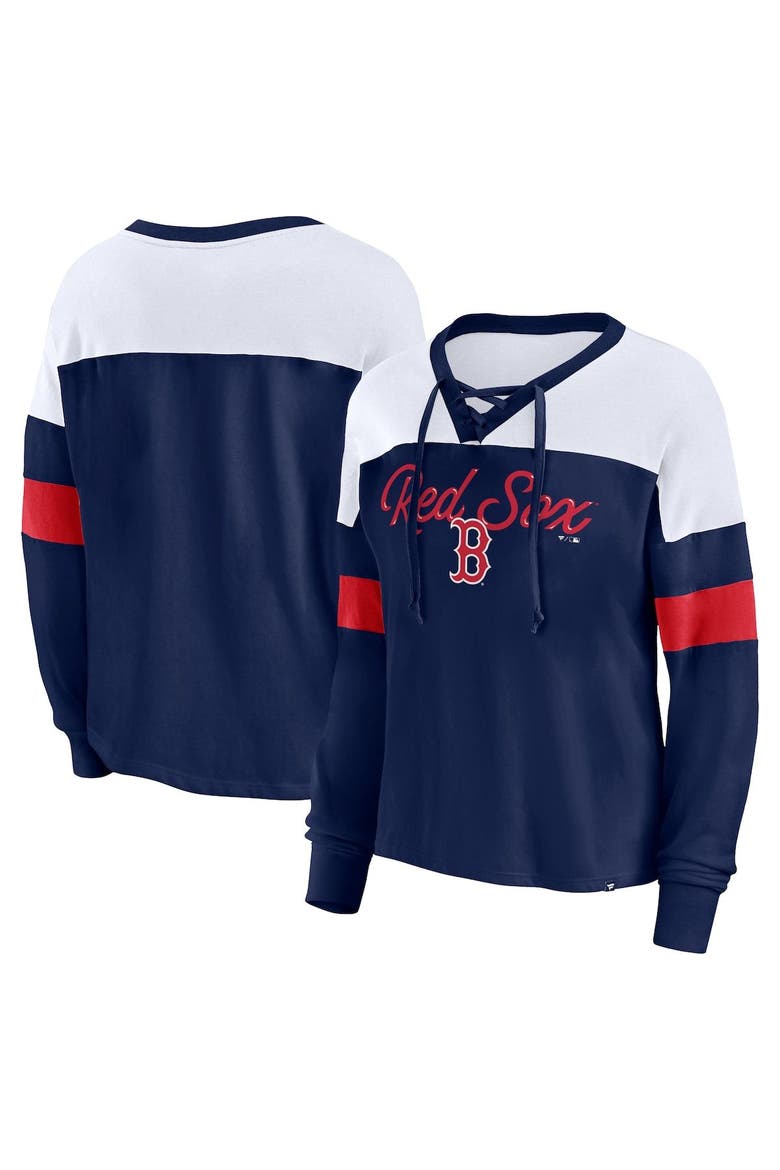 Women's Fanatics Branded Navy/White Boston Red Sox Even Match Lace-Up Long Sleeve V-Neck T-Shirt, Main, color, Navy