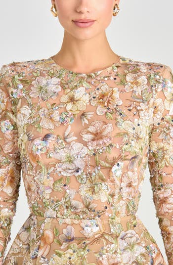 Bethany Beaded Floral Embroidery Long Sleeve Cocktail Minidress