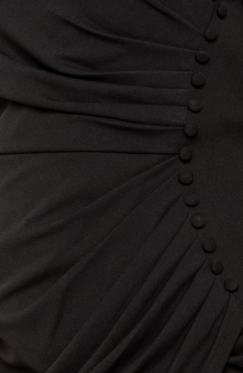 BUXOM COUTURE Asymmetric Button Detail Faux Wrap Midi Dress, Alternate, color, Black