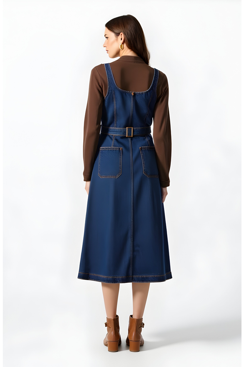 Denim Midi Dress with Belt and Zip Front, Alternate, color, Blue