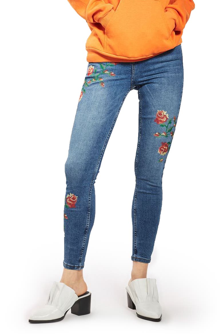 Jamie Embroidered Skinny Jeans, Main, color, MID DENIM