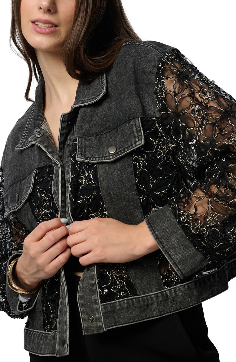 SAACHI Lace Trim Denim Trucker Jacket, Alternate, color, Black