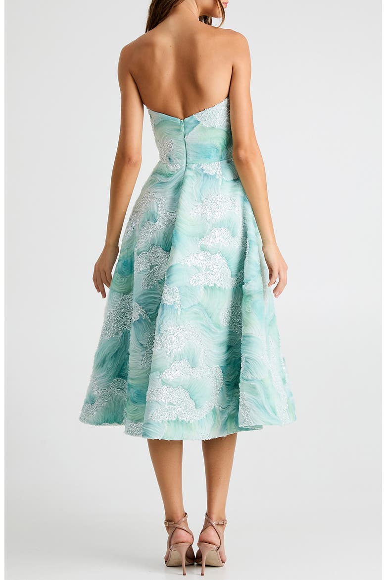 Vivi Bead Detail Print Strapless Cocktail Midi Dress, Alternate, color, SEAFOAM