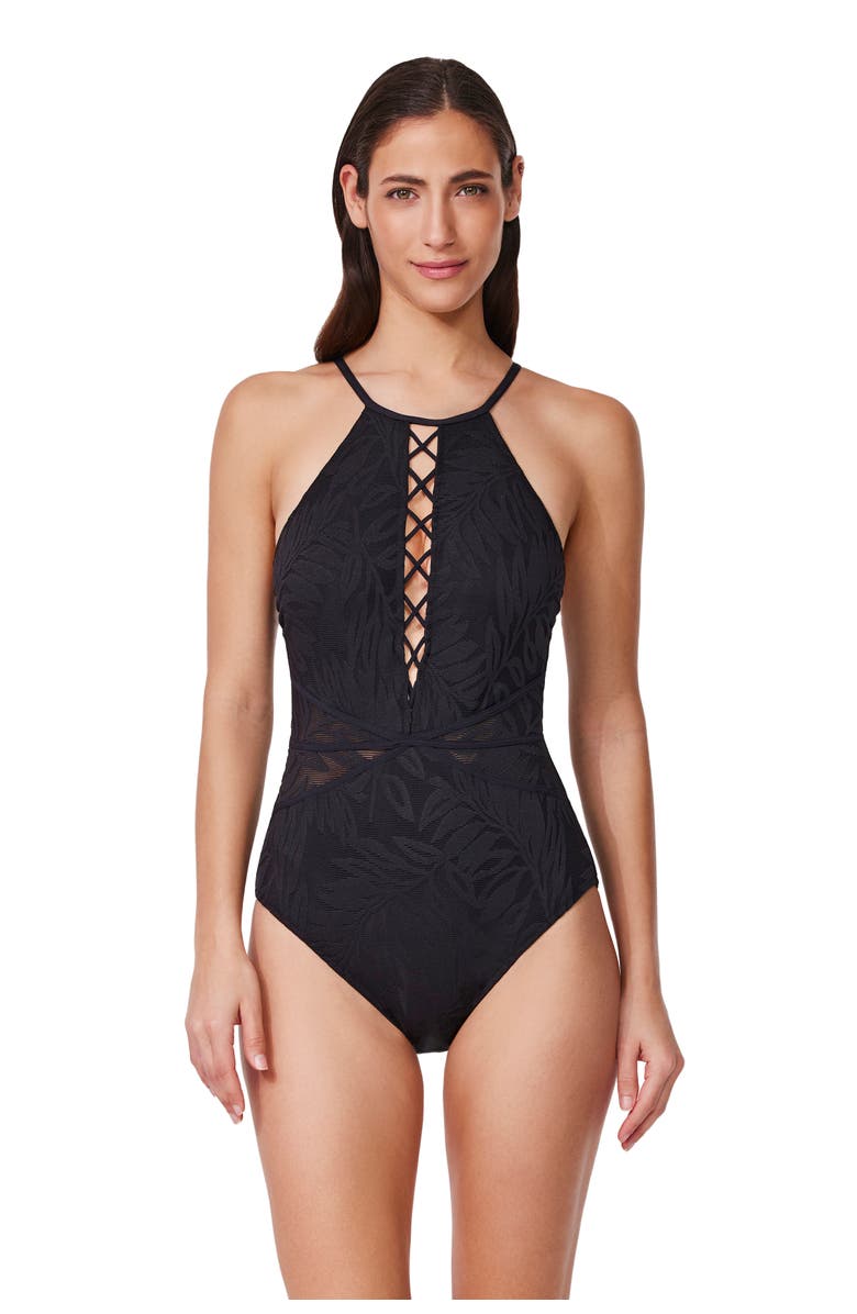 Profile by Gottex Skyfall Textured High Neck One Piece, Main, color, Black