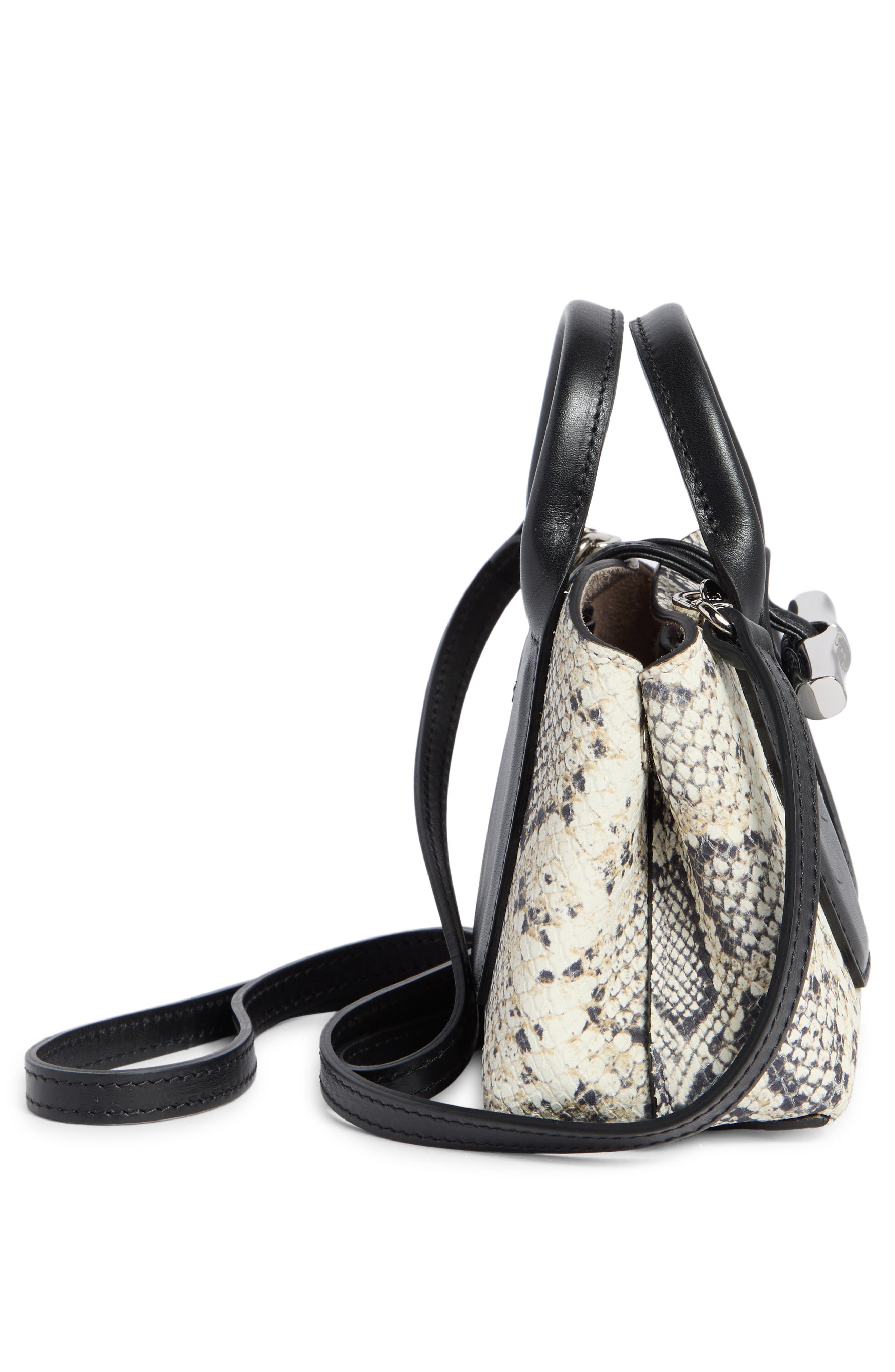 Longchamp Extra Small Roseau Snakeskin Print Leather Top Handle Bag, Alternate, color, Black/ White