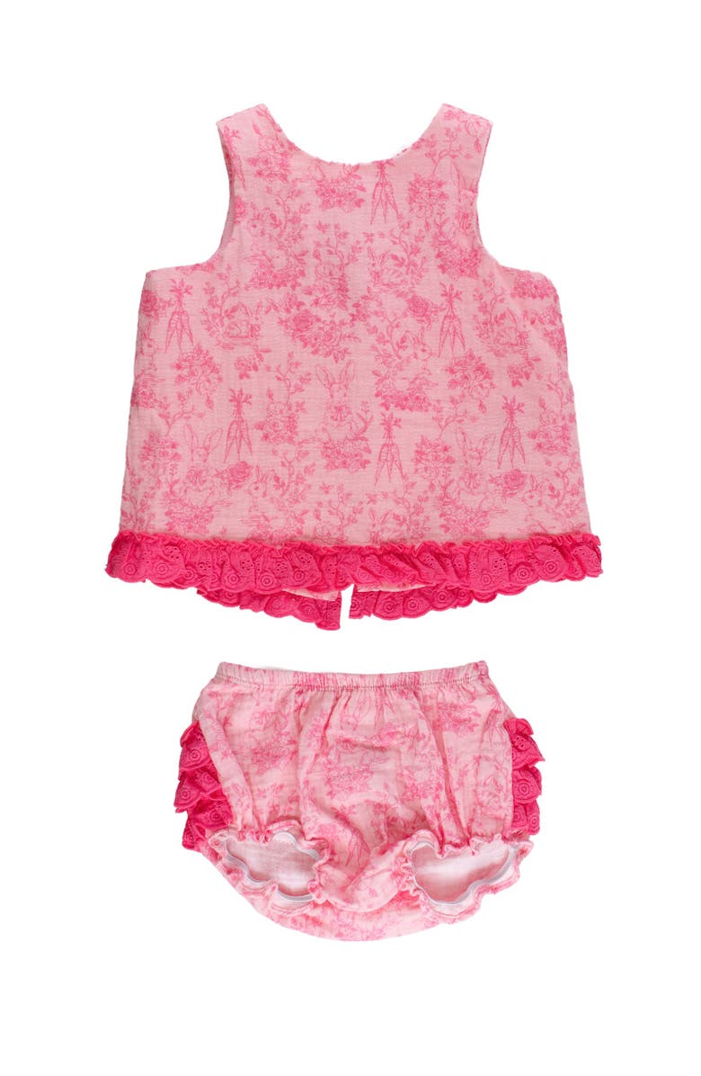 RuffleButts Cotton Gauze Swing Top and Bloomer Set, Main, color, Pink Cottontail Toile