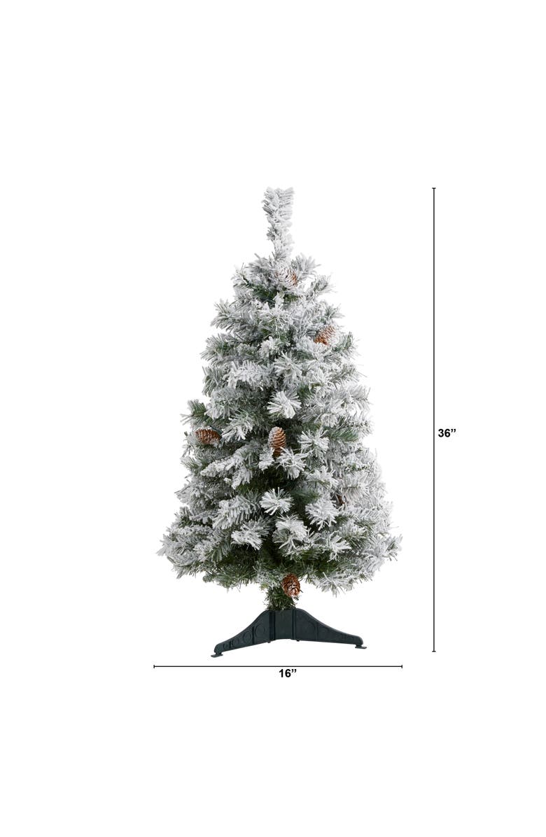 NEARLY NATURAL 3-ft Flocked White River Mountain Pine Artificial Christmas Tree with Pinecones, Alternate, color, Green